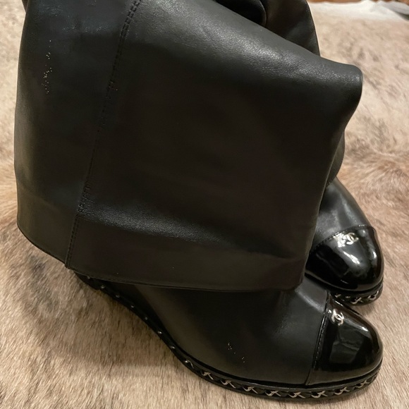 Chanel Foldover Knee High Cap Toe Chain Wedge Heel Boots - Picture 4 of 11